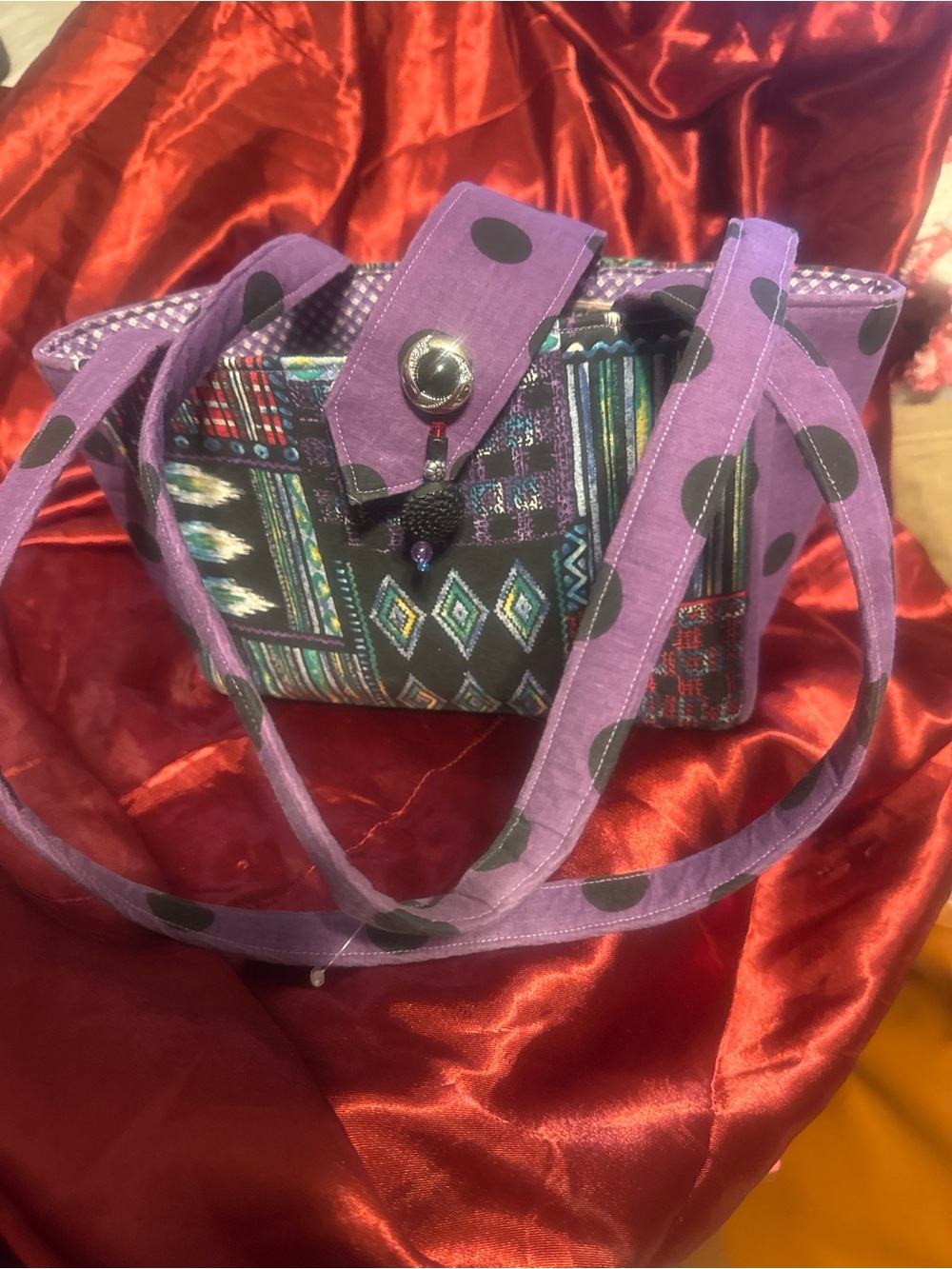 Boho Purple Patterned Satchel with Dot-Strap Detail